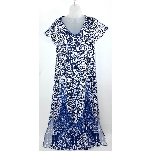 NWT Nora Cora Blue and White Double Side Slit Pattern Maxi Dress Women's Size M - Picture 1 of 7